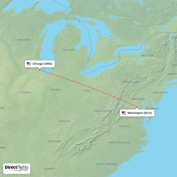Washington - Chicago direct flight map