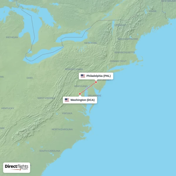 Washington - Philadelphia direct flight map