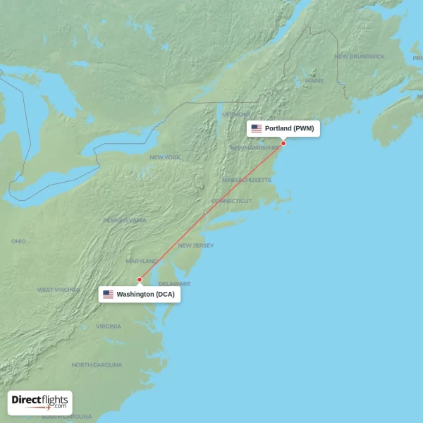 Washington - Portland direct flight map