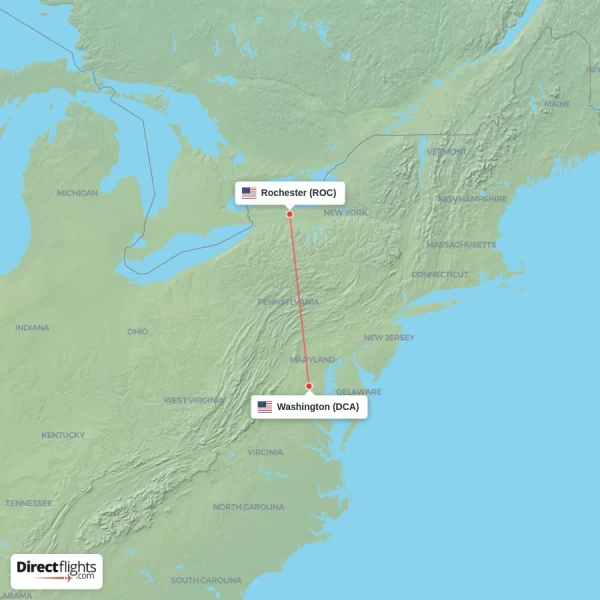 Washington - Rochester direct flight map