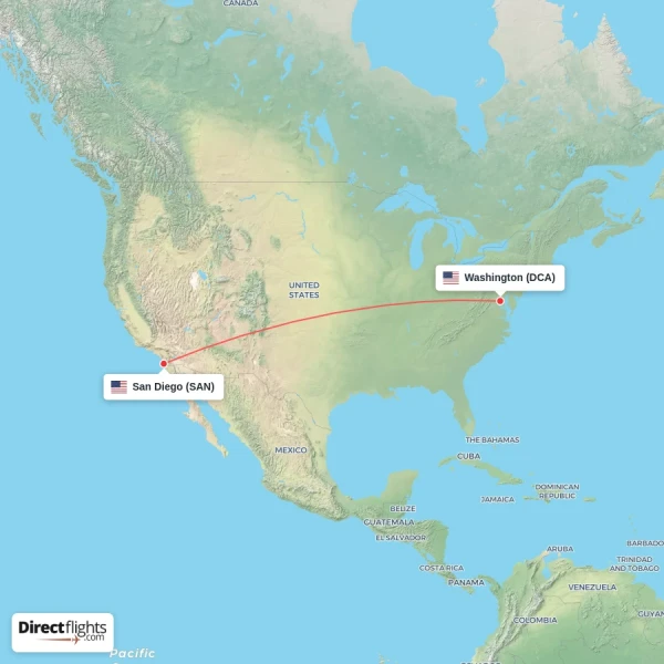 Washington - San Diego direct flight map