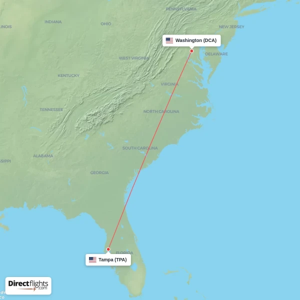 Washington - Tampa direct flight map