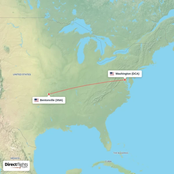 Washington - Bentonville direct flight map