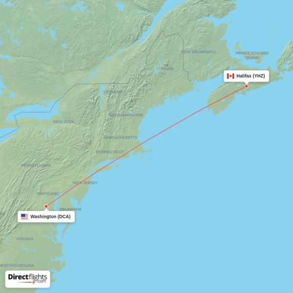 Washington - Halifax direct flight map