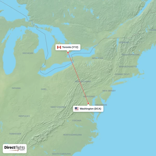 Washington - Toronto direct flight map
