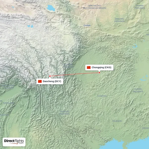 Daocheng - Chongqing direct flight map