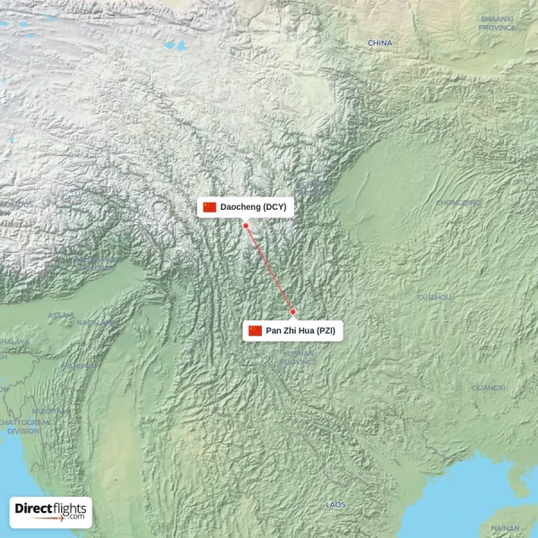 Daocheng - Pan Zhi Hua direct flight map