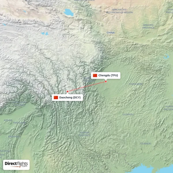 Daocheng - Chengdu direct flight map