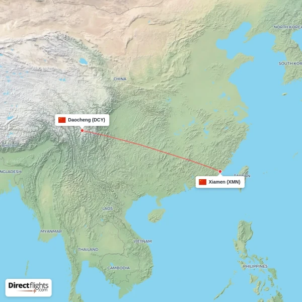 Daocheng - Xiamen direct flight map