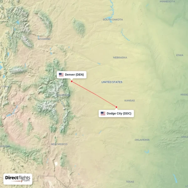 Dodge City - Denver direct flight map