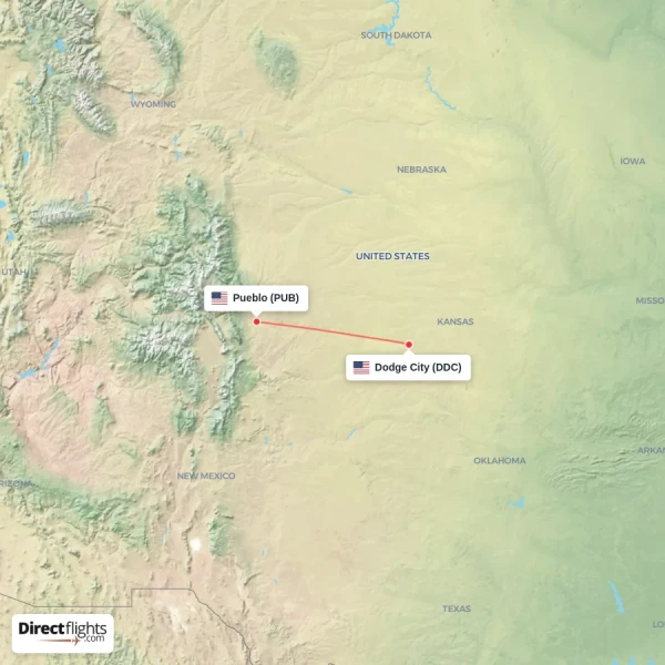 Dodge City - Pueblo direct flight map