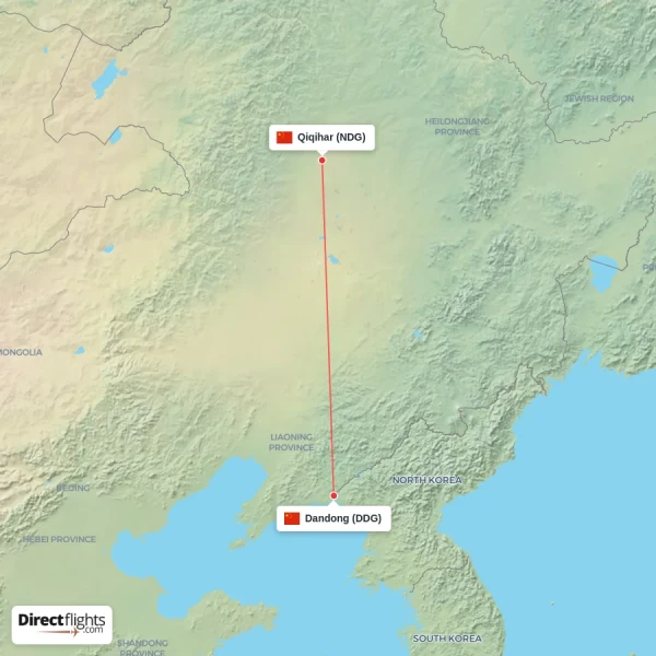 Dandong - Qiqihar direct flight map