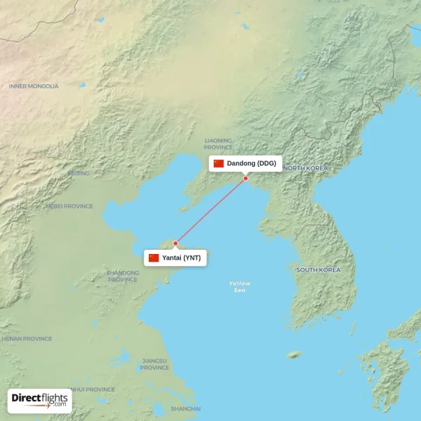 Dandong - Yantai direct flight map