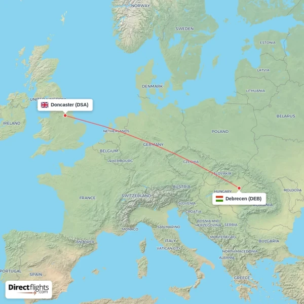 Debrecen - Doncaster direct flight map