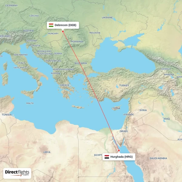 Debrecen - Hurghada direct flight map