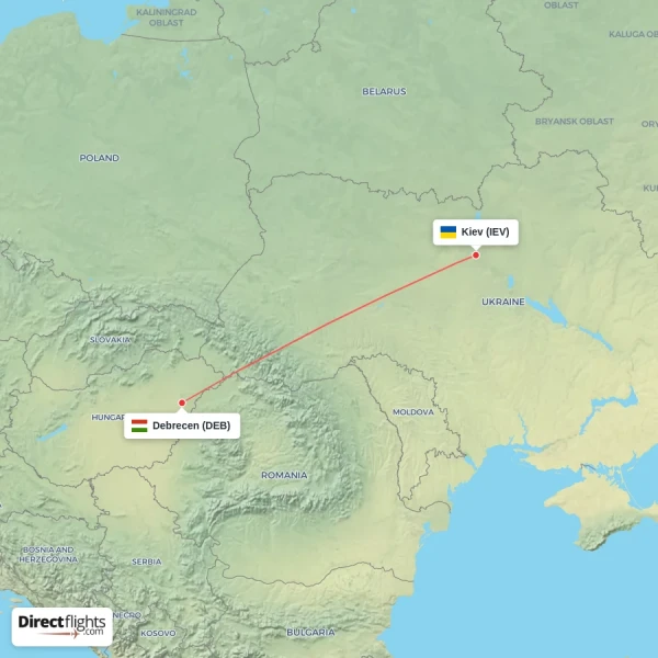 Debrecen - Kiev direct flight map