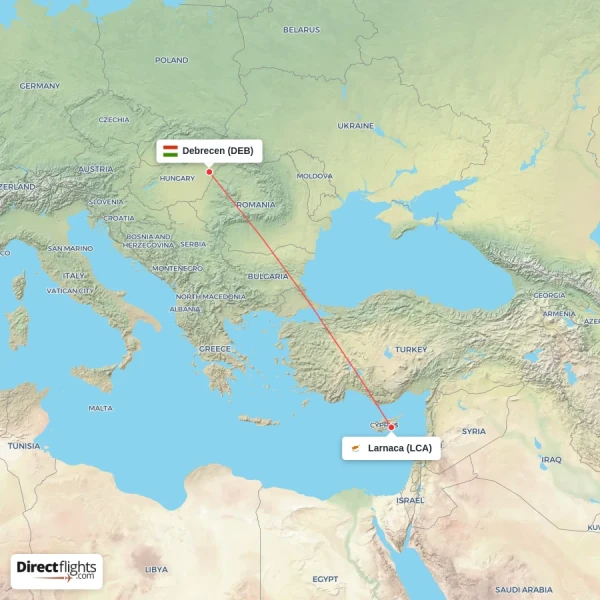 Debrecen - Larnaca direct flight map