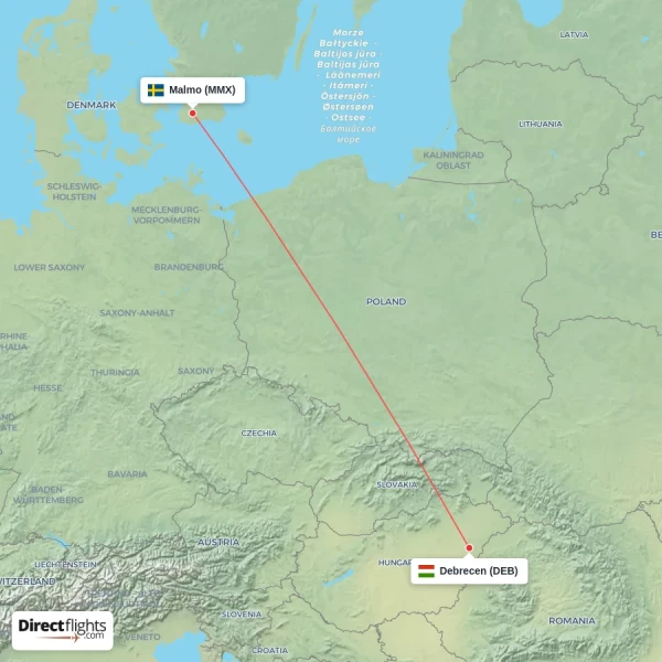 Debrecen - Malmo direct flight map