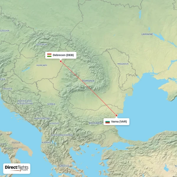 Debrecen - Varna direct flight map