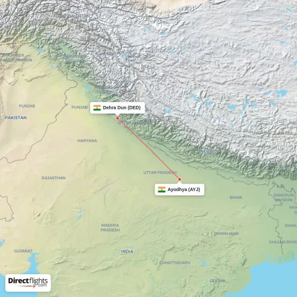 Dehra Dun - Ayodhya direct flight map