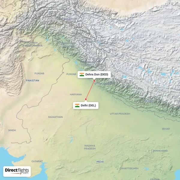 Dehra Dun - Delhi direct flight map