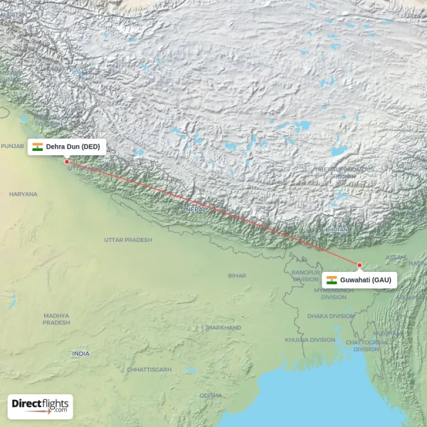 Dehra Dun - Guwahati direct flight map
