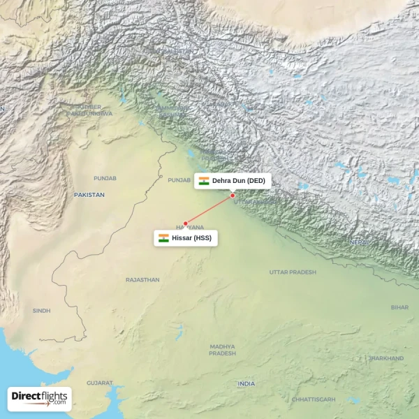 Dehra Dun - Hissar direct flight map