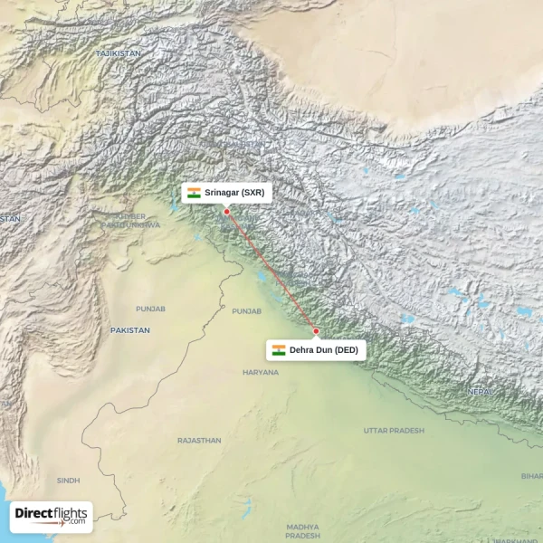 Dehra Dun - Srinagar direct flight map