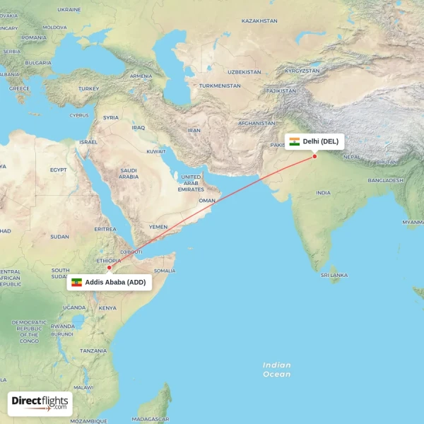 Delhi - Addis Ababa direct flight map