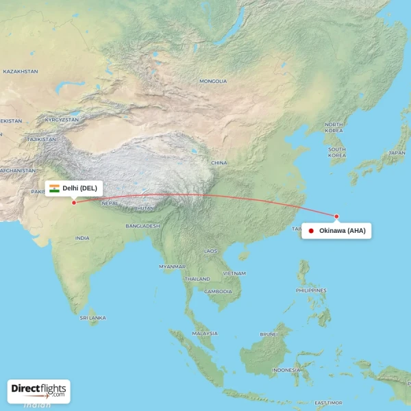Delhi - Okinawa direct flight map