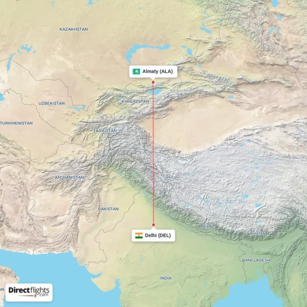 Delhi - Almaty direct flight map