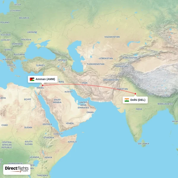 Delhi - Amman direct flight map