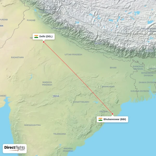 Delhi - Bhubaneswar direct flight map