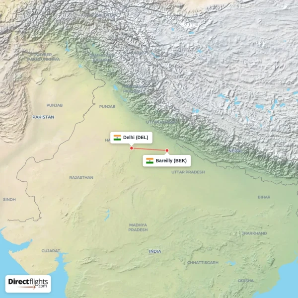 Delhi - Bareilly direct flight map