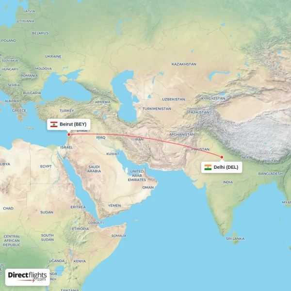 Delhi - Beirut direct flight map