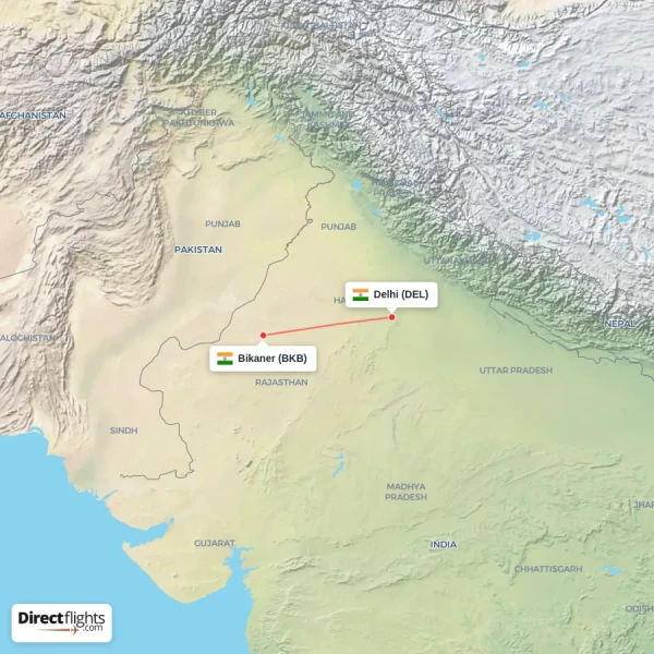 Delhi - Bikaner direct flight map