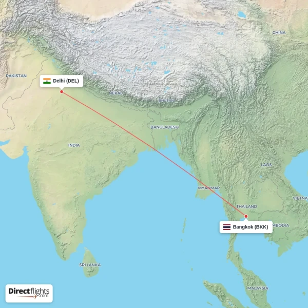 Delhi - Bangkok direct flight map