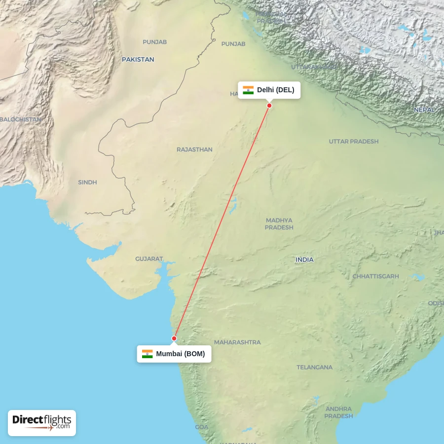 DEL - BOM route map