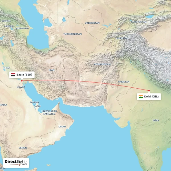 Delhi - Basra direct flight map