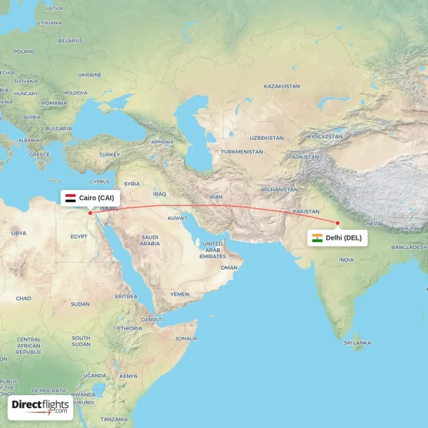 Delhi - Cairo direct flight map