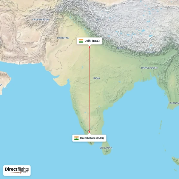 Delhi - Coimbatore direct flight map