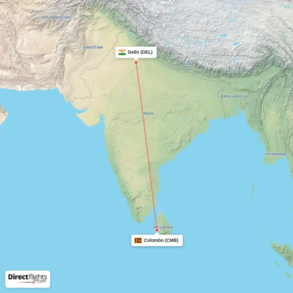Delhi - Colombo direct flight map
