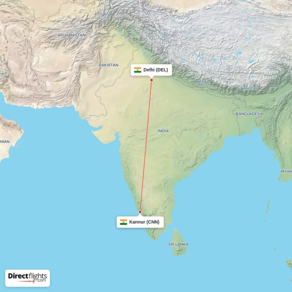Delhi - Kannur direct flight map