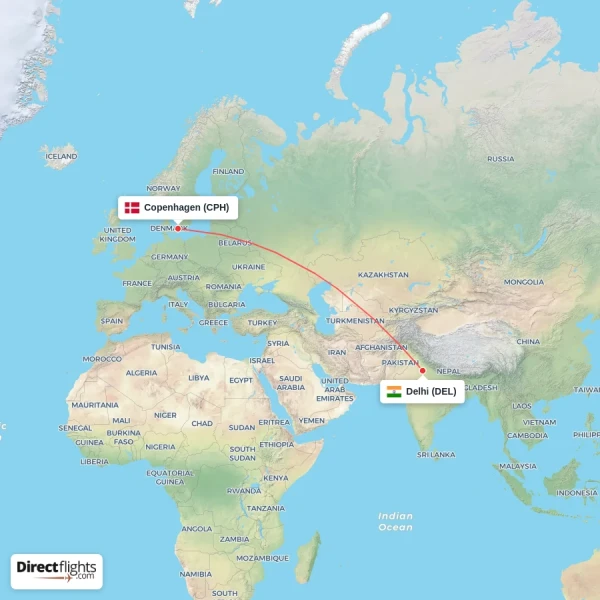 Delhi - Copenhagen direct flight map