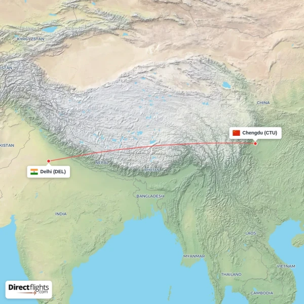Delhi - Chengdu direct flight map