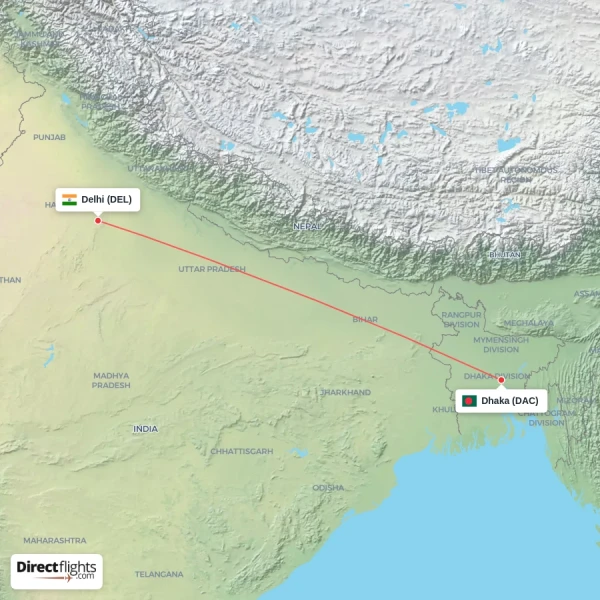 Delhi - Dhaka direct flight map