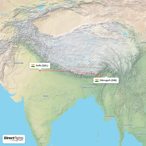 Delhi - Dibrugarh direct flight map