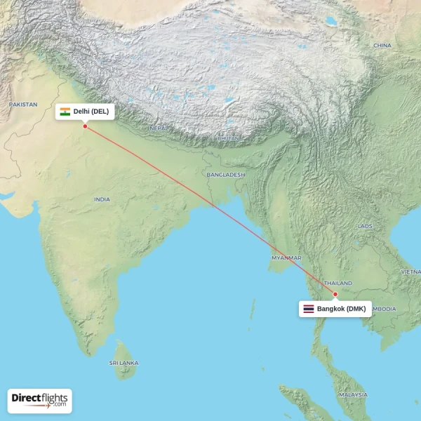 Delhi - Bangkok direct flight map