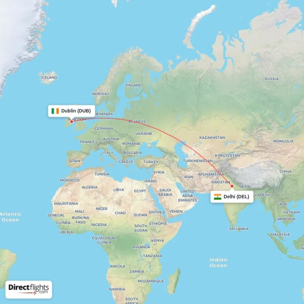Delhi - Dublin direct flight map