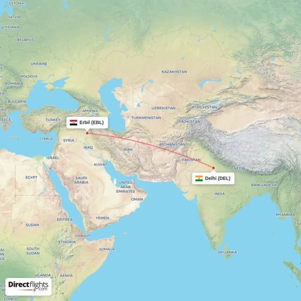 Delhi - Erbil direct flight map
